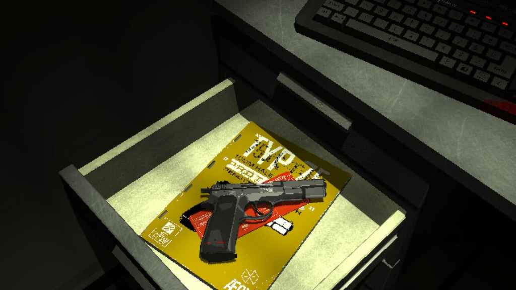 Uma pistola M1911 em uma gaveta de mesa no Signalis.