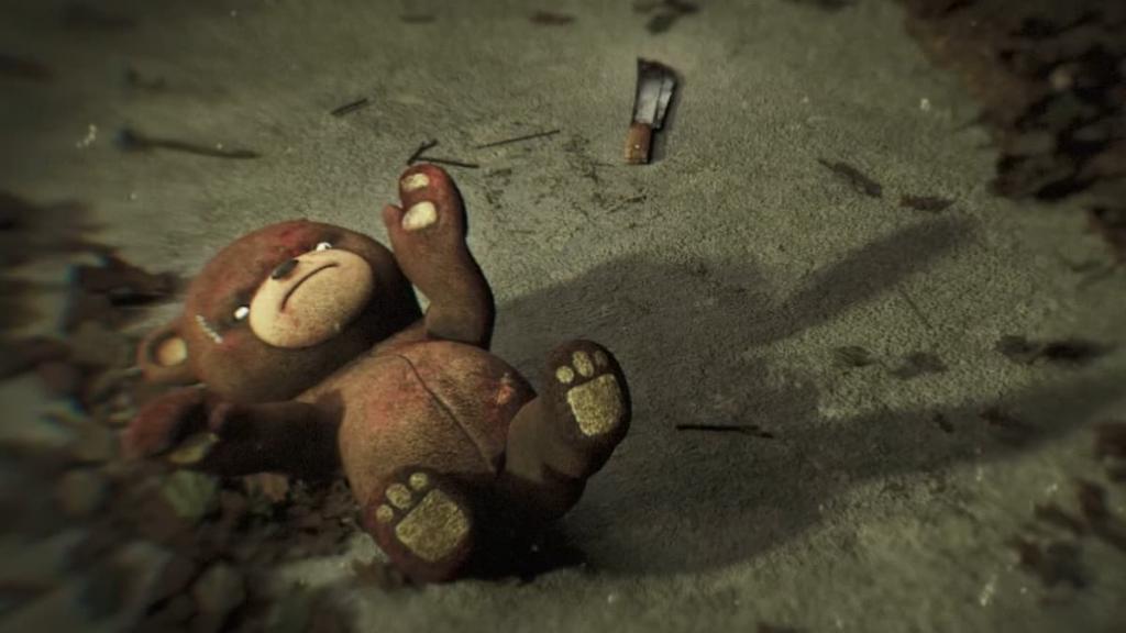 Um ursinho de pelúcia deitado em um piso imundo em uma sala estranha morta à luz do dia x The Walking Dead.