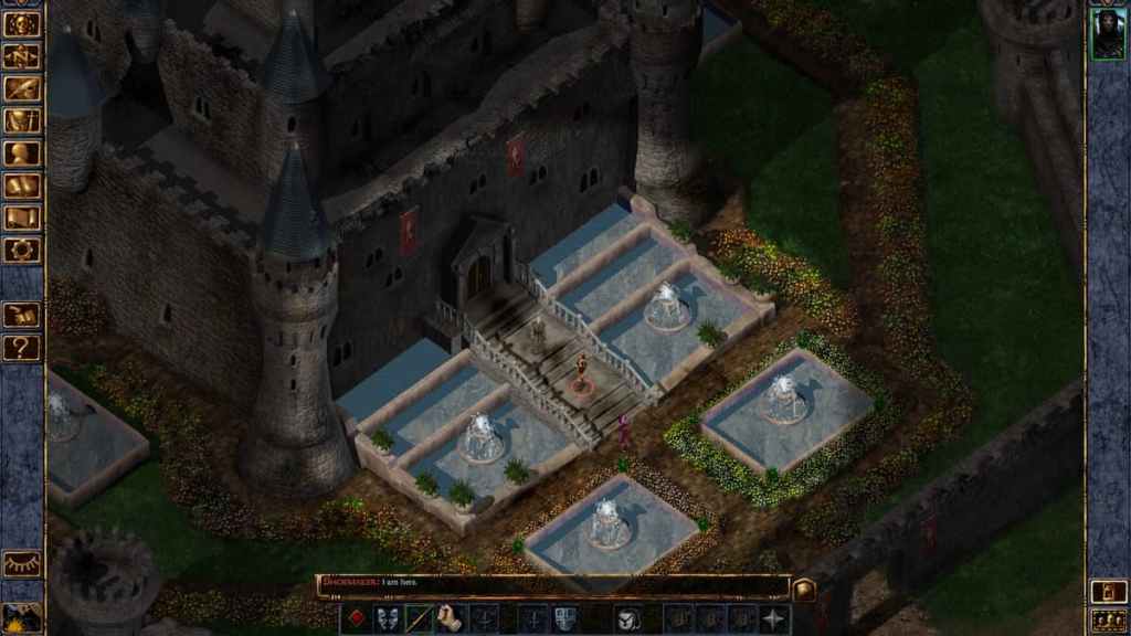 Um enorme castelo e jardim no portão de Baldur 1.