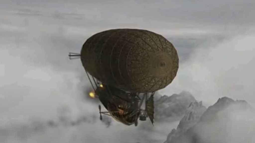 Um Zeppelin acendeu fogo e caindo em Arcano: de Weatworks e Magick Obscura.