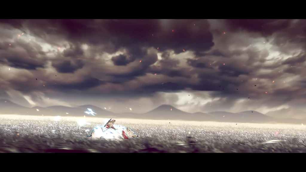 Joe Musashi montando seu lobo, Yamato, do outro lado de um campo em Shinobi: Art of Vengeance.