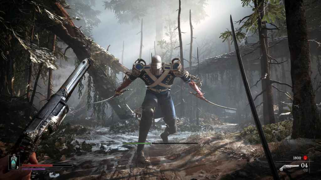 Um soldado napoleônico com dois Sabres enfrenta o jogador empunhando um sabre e um revólver no meio de uma floresta em Valor Mortis.