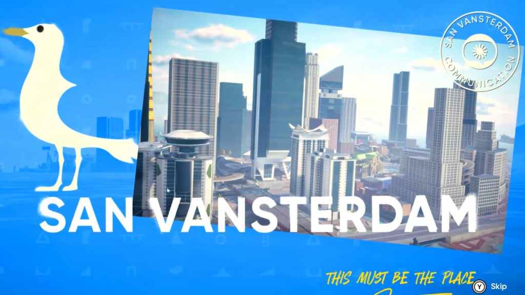 Um cartão postal de San Vansterdam em skate.