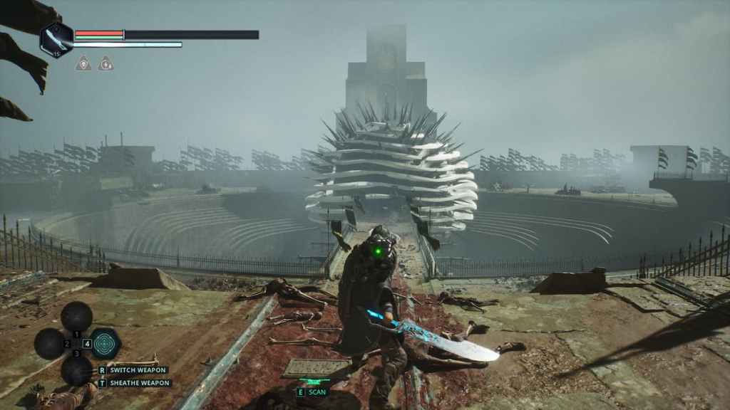 Uma arena enorme com sangue e ossos espalhados por toda parte e uma enorme esfera anômala ao fundo no inferno somos nós.