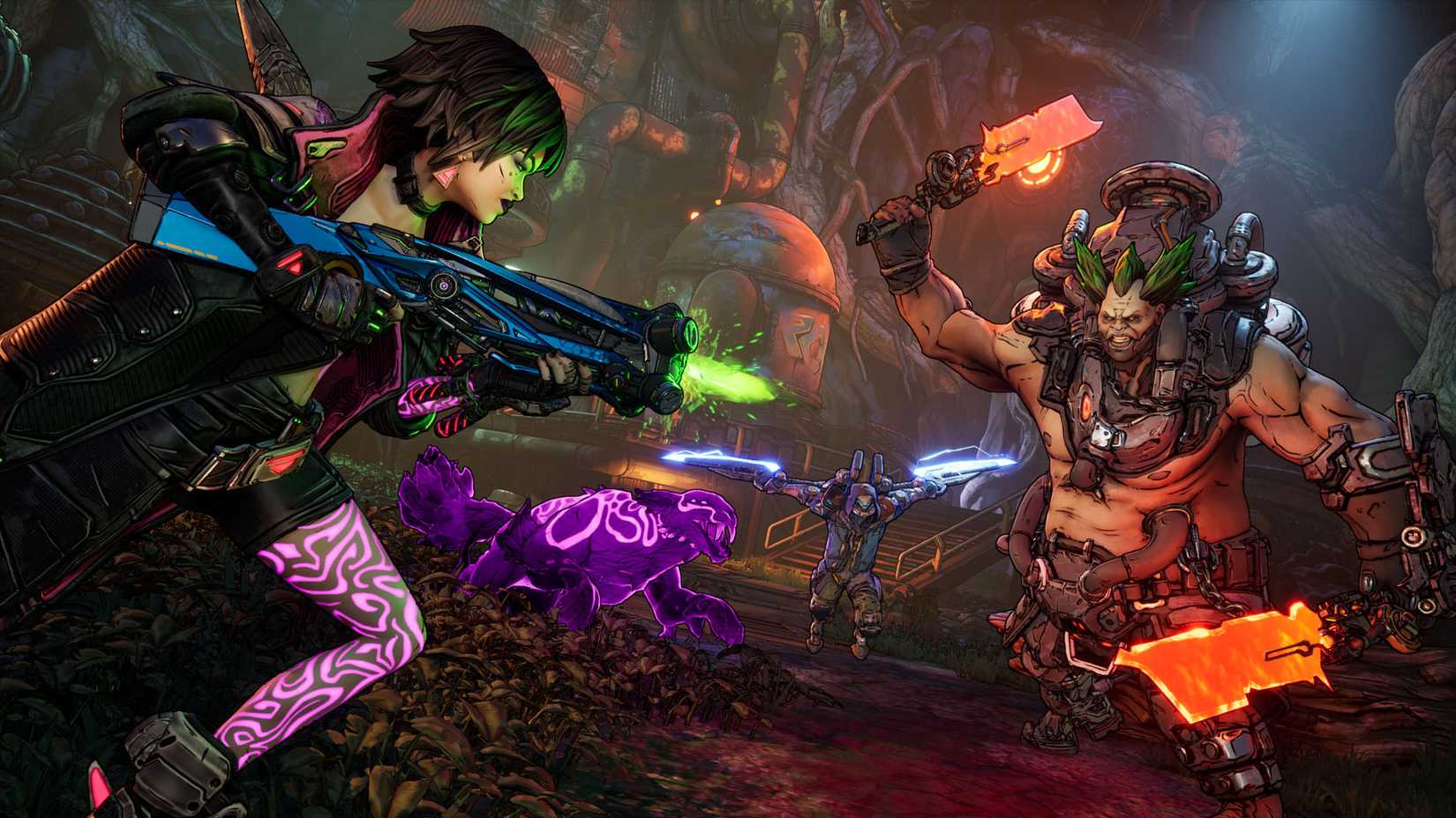 Uma imagem oficial da Borderlands 4 mostrando dois personagens de frente para um grande inimigo humanóide com punhais quentes.
