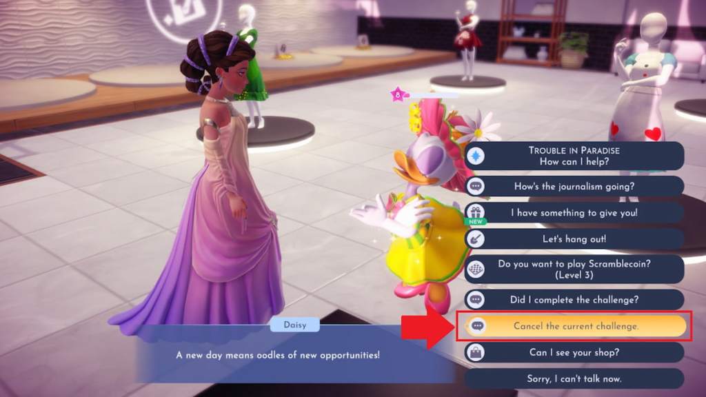 Cancelar o Diálogo Daisy Challenge marcado no Disney Dreamlight Valley