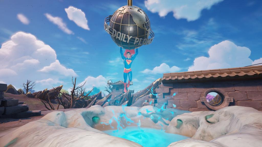 Super -homem voando sobre o gêiseador em Fortnite