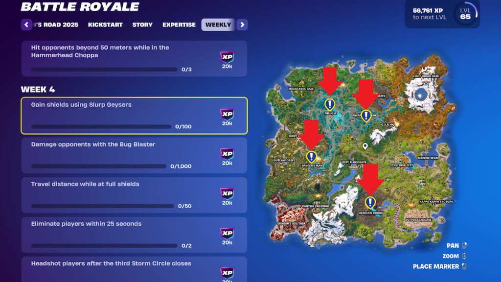 Quatro localizações de gêiserer em Fortnite