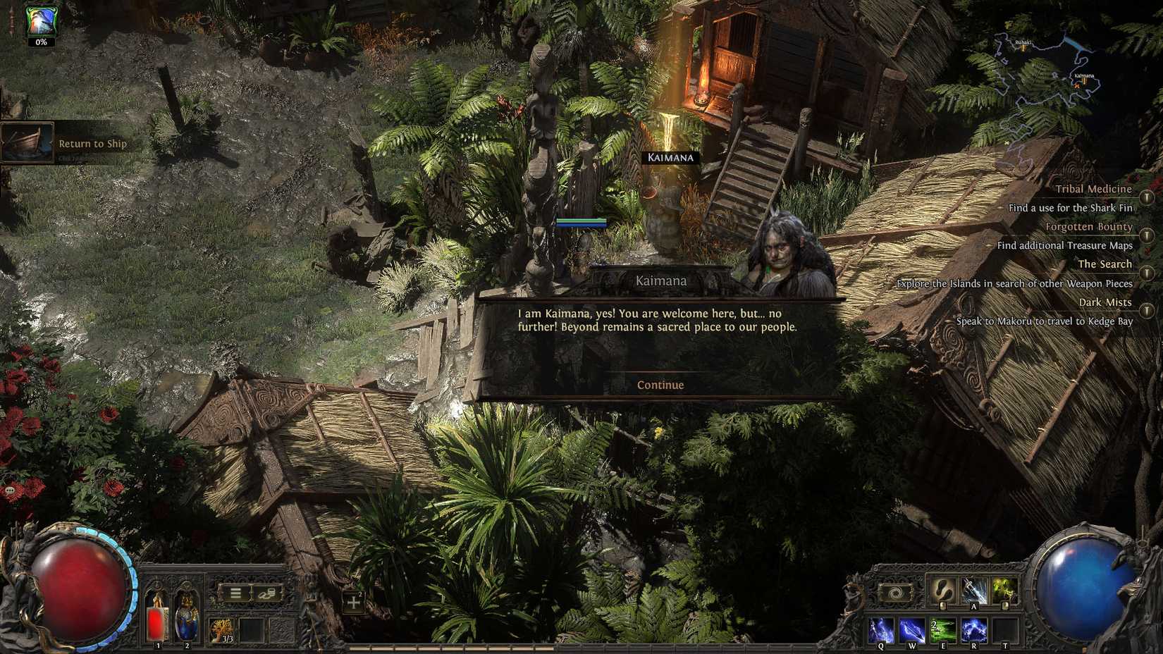 Um caminho de captura de tela do Exile 2 mostra o personagem conversando com um NPC chamado Kaimana