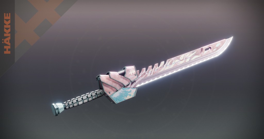 A espada Synanceia em Destiny 2, com um esquema de cores rosa e azul claro.