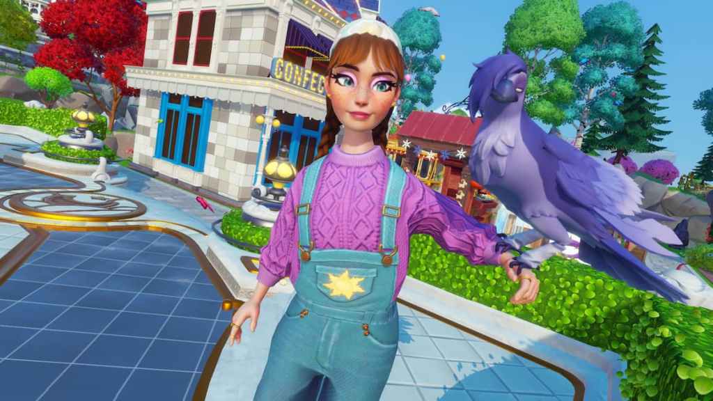 Um personagem em macacão rosa e azul segurando um ennui Raven roxo na Disney Dreamlight Valley