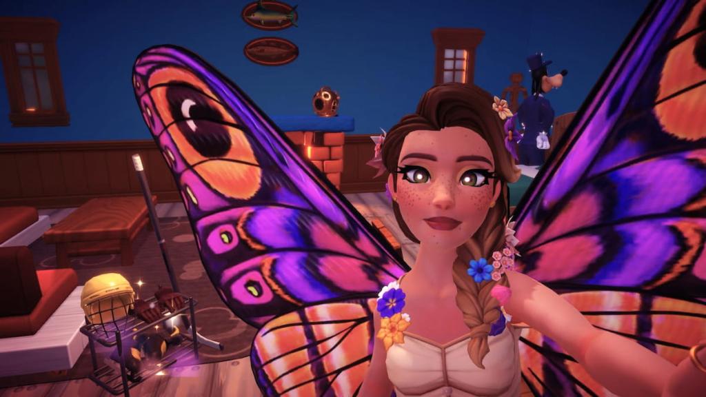 Tirando uma foto com equipamento de hóquei no chão em Disney Dreamlight Valley