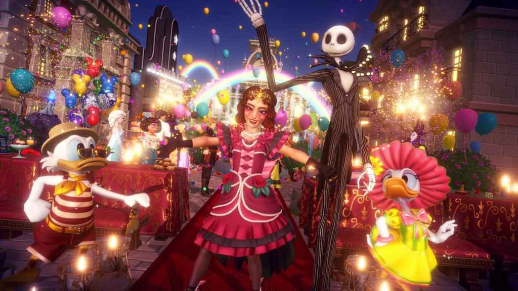 Um personagem em um vestido rosa escuro e vermelho em uma festa com Jack Skellington, Scrooge McDuck e Daisy Duck no Disney Dreamlight Valley