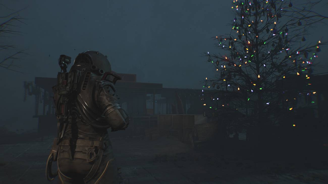 O viajante olha para uma árvore de Natal.