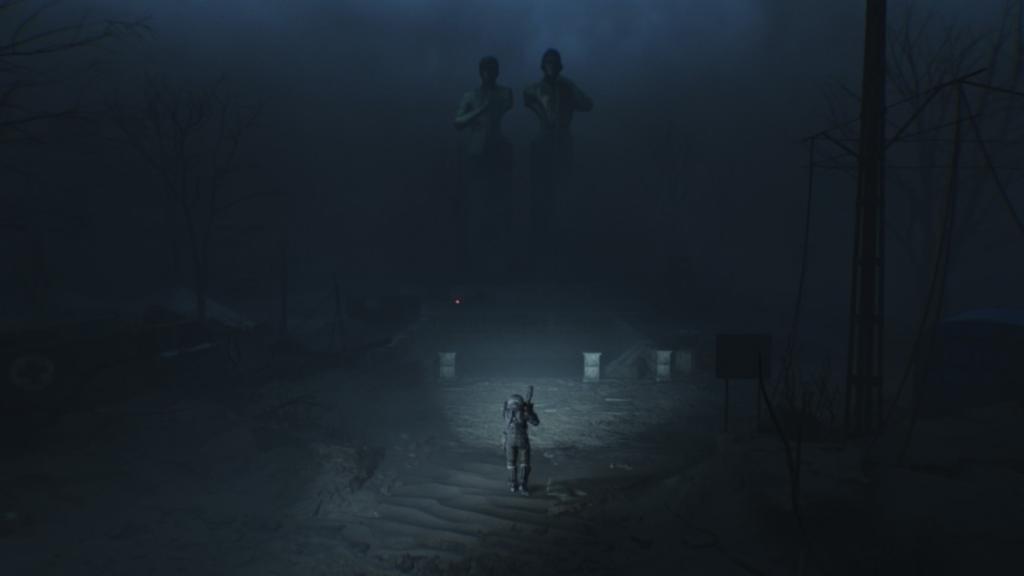 Uma foto cinematográfica estabelecida do viajante de longe, caminhando em direção à estação underground com duas estátuas gigantes atrás dele