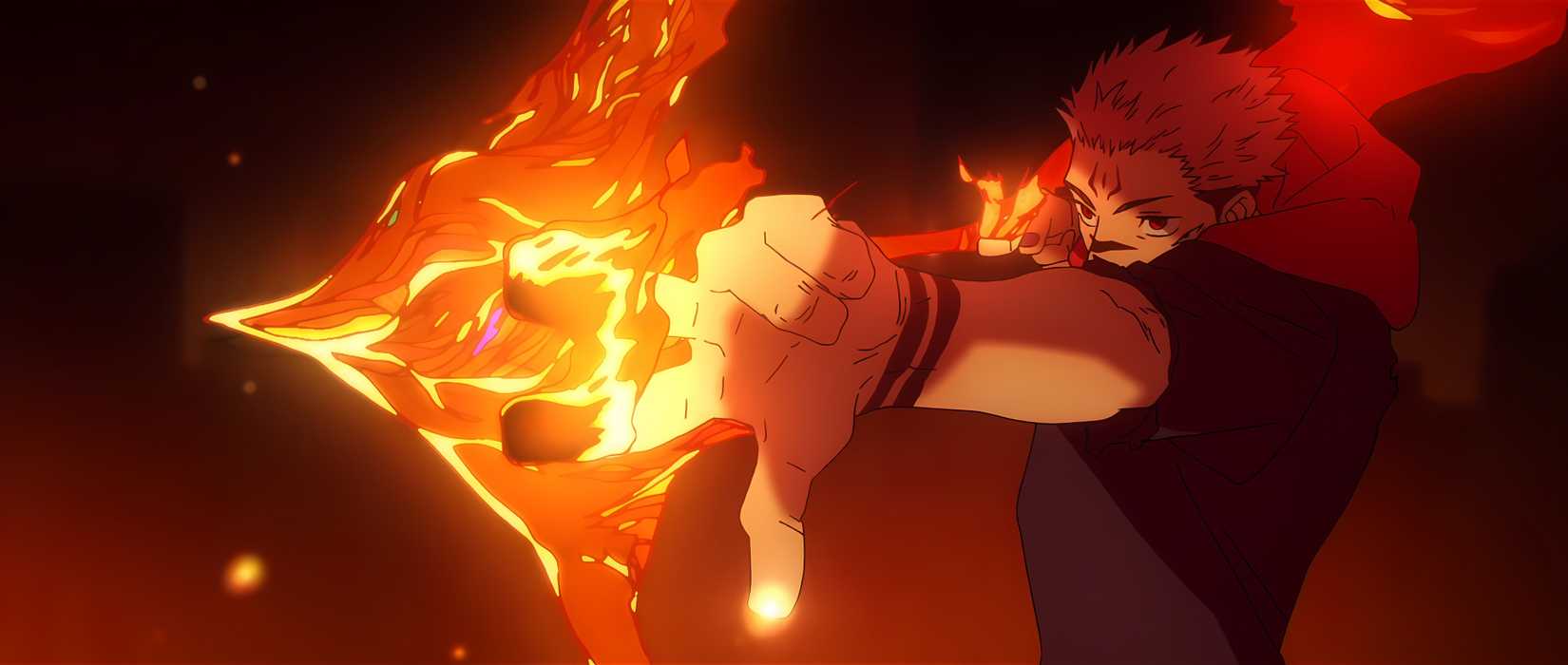 Um Yuji Itadori, posse de Sukuna, apontando uma flecha feita de energia ardente em Jujutsu Kaisen.