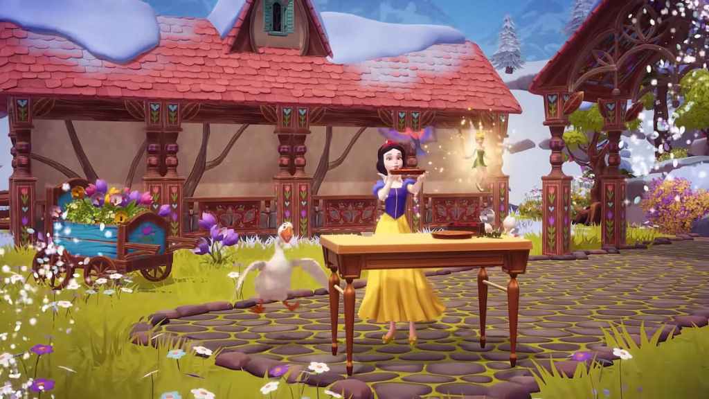 Branca de Neve e Tinker Bell por uma mesa no Disney Dreamlight Valley
