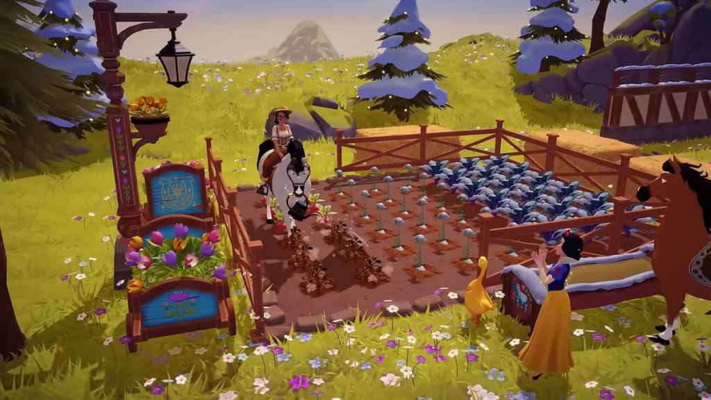 Plantas de rega enquanto andam a cavalo em Disney Dreamlight Valley