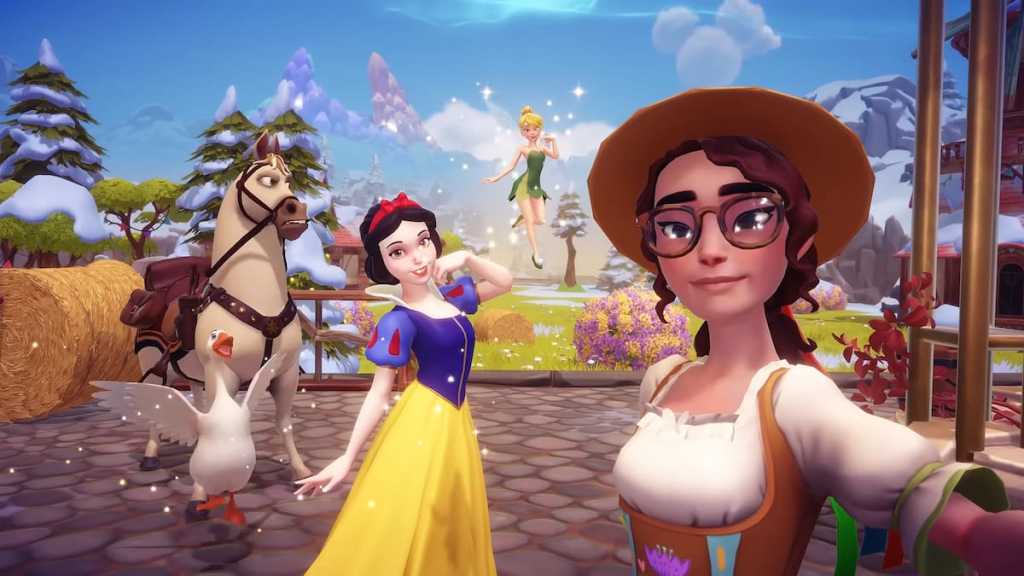 Tirando uma foto com Branca de Neve, Tinker Bell, Maximus, um ganso no Disney Dreamlight Valley