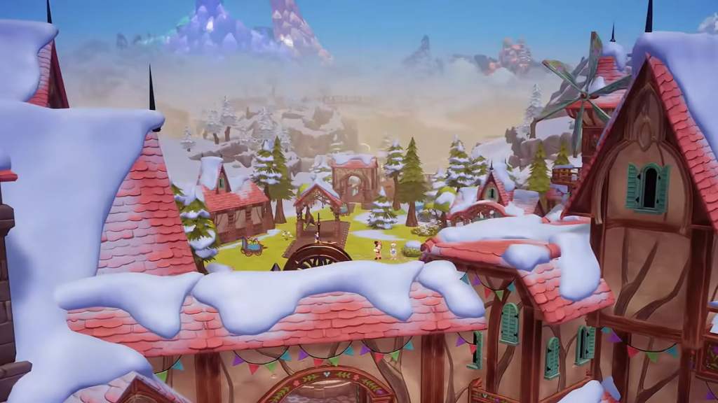 Wishblossom Ranch Biomes, incluindo um Twon nevado, uma montanha de pedra preciosa e uma área de panela de mel no Disney Dreamllight Valley