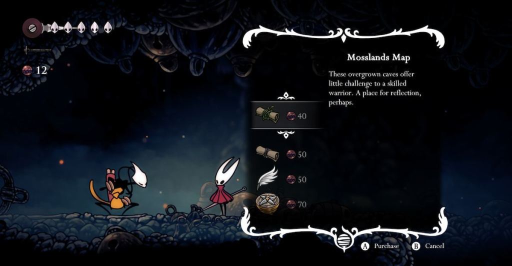 O menu da loja para os itens de Shakra em Silksong