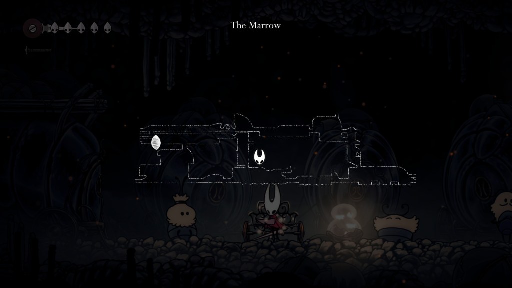 Uma captura de tela de Silksong mostrando o mapa com a localização de Hornet e o último ponto da morte.