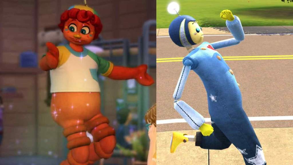 Um amigo imaginário laranja flutuando no ar no Sims 4 ao lado de um amigo imaginário azul correndo no Sims 3