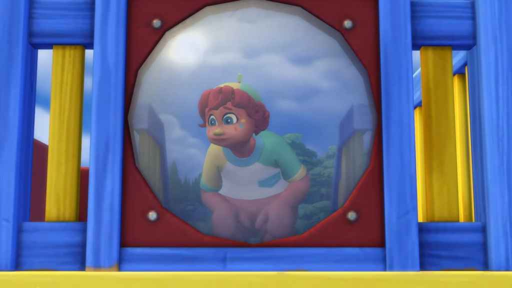 Um amigo imaginário laranja espreitando uma janela de bolhas em um playground no The Sims 4