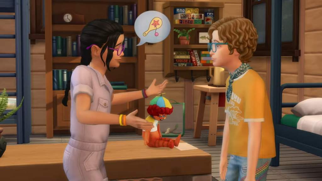 Dois Sims crianças conversando na frente de uma boneca de amigos imaginários no The Sims 4