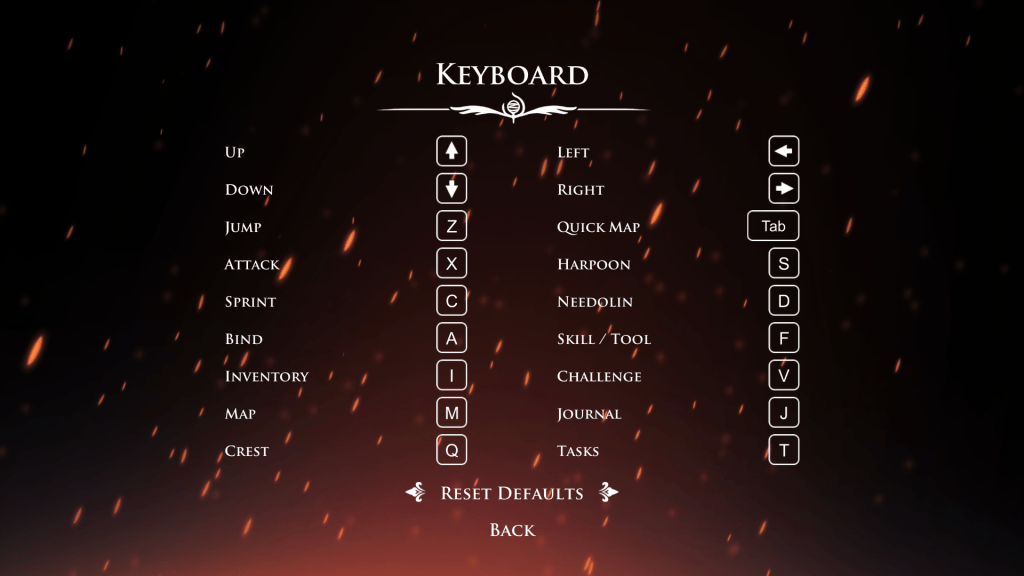 Bindings de controle de PC padrão para Hollow Knight Silksong