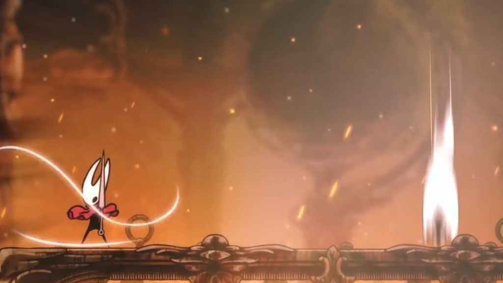 O personagem principal em Hollow Knight Silksong cura, enquanto um inimigo mergulha no chão.