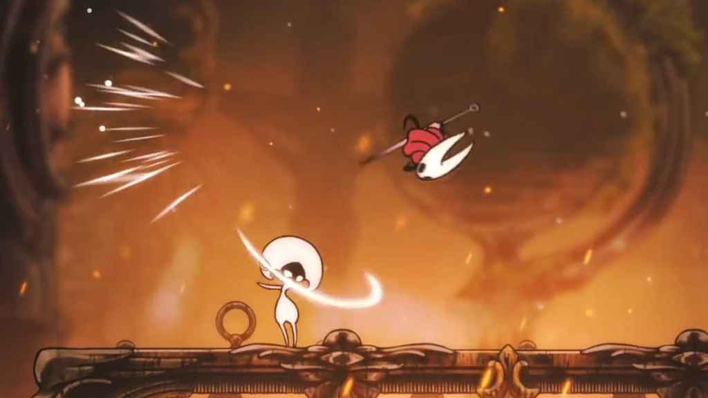 O personagem principal em Hollow Knight Silksong pulando sobre o ataque de um inimigo.