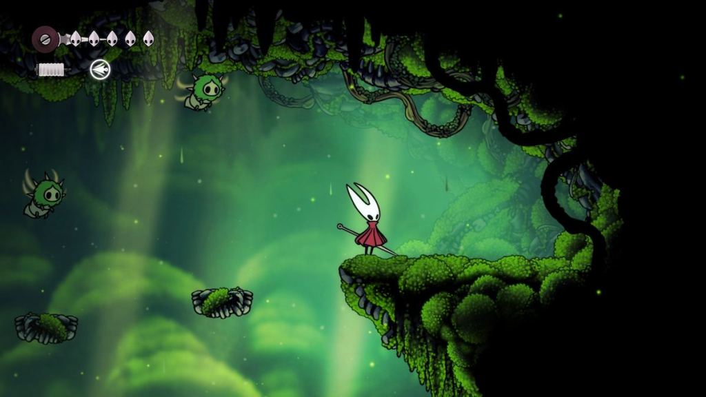Hornet parado ao lado de onde o primeiro Mossberry está localizado em Silksong.