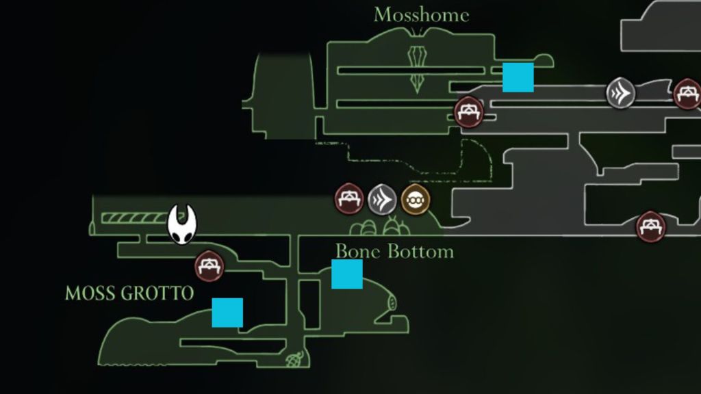 O mapa inferior do osso em Hollow Knight: Silksong com as áreas de mosberra marcadas em azul.