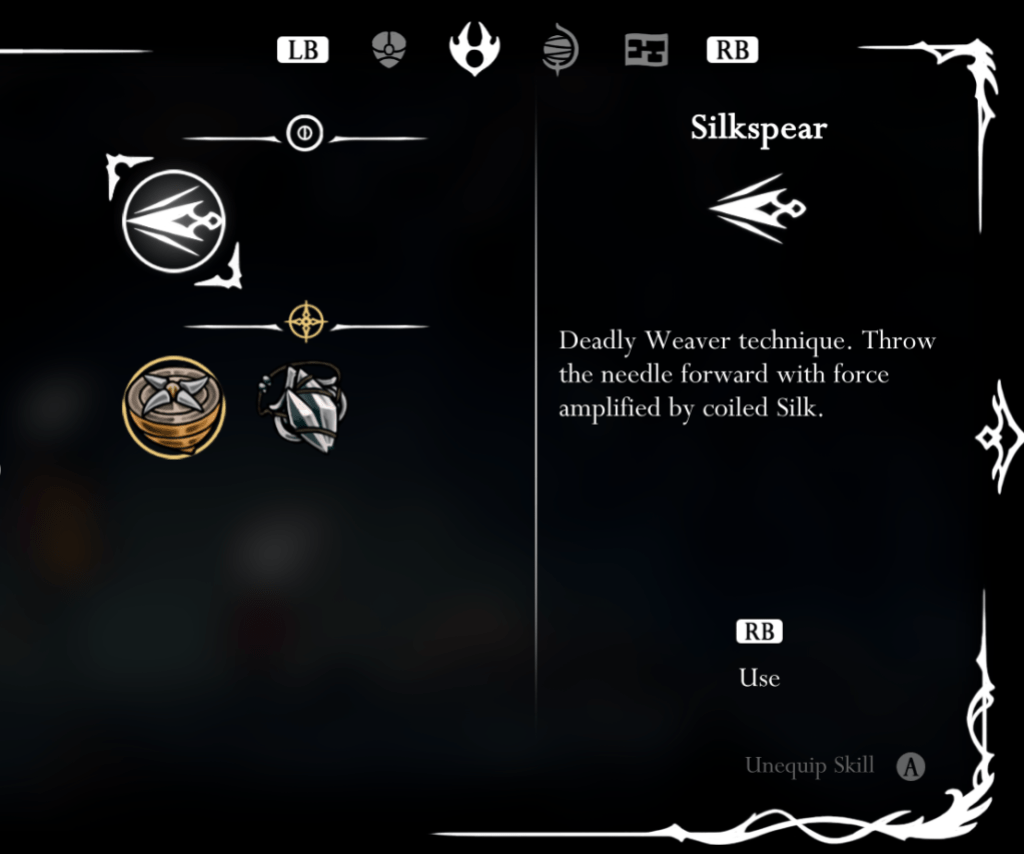 Descrição da habilidade Silkspear em Hollow Knight Silksong