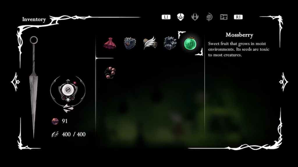 Uma tela de inventário em Hollow Knight: Silksong mostrando vários itens.
