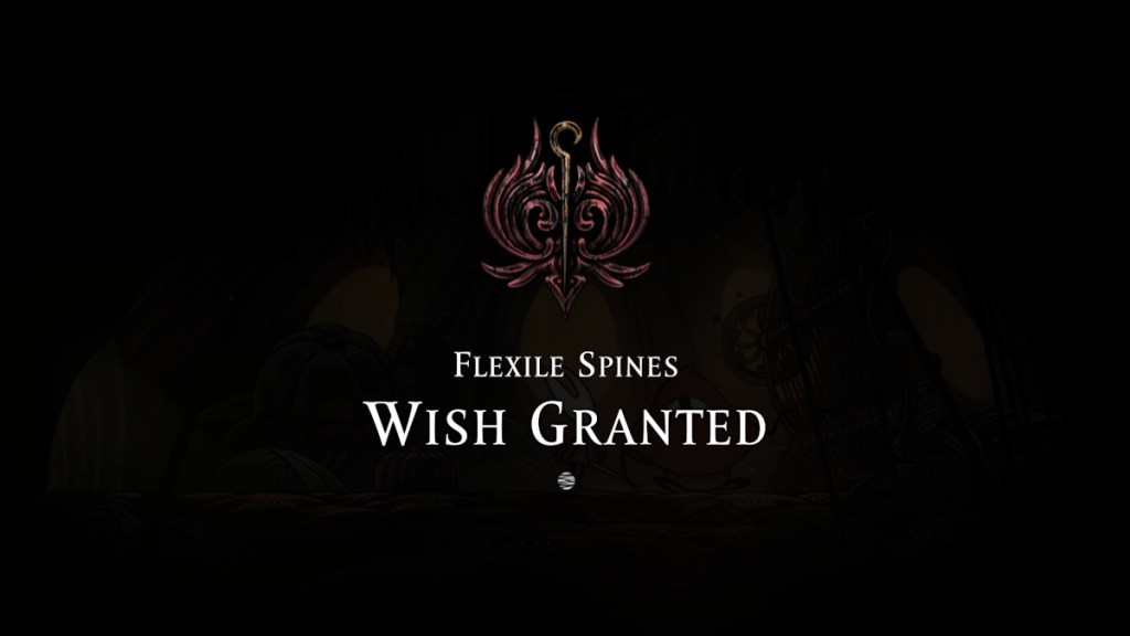 Tela de conclusão da missão de espinhos flexíveis em Hollow Knight: Silksong.