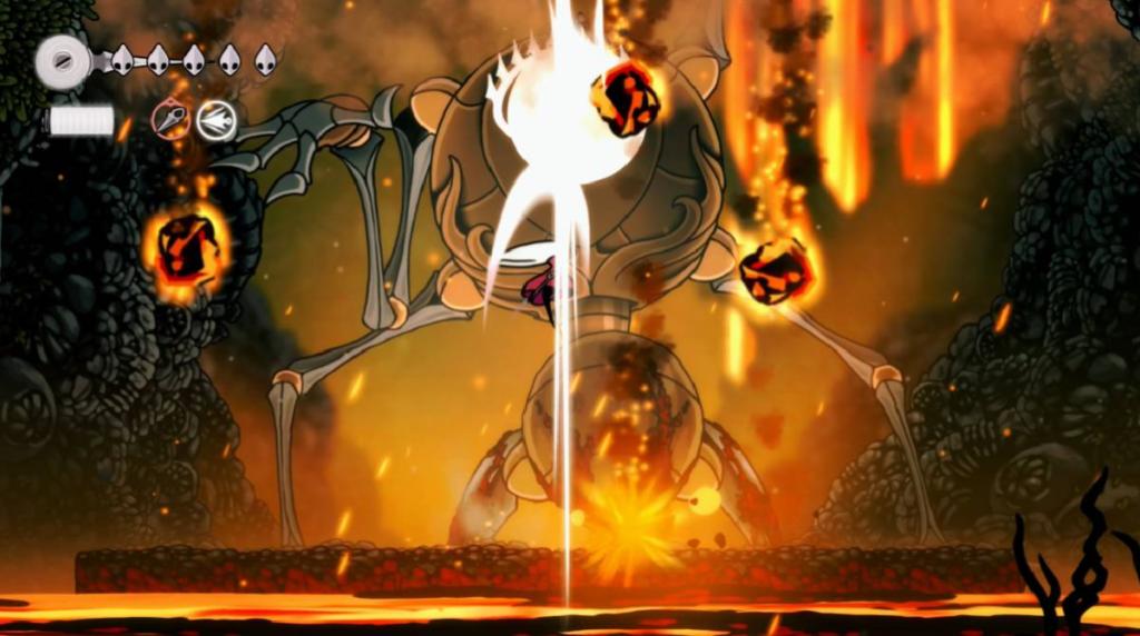 Hollow Knight: Silksong - Como o quarto coro faz com que a lava caia, Hornet aproveita a chance de atacar por baixo