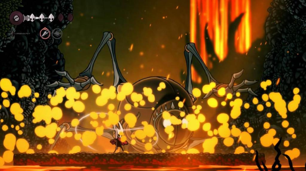 Hollow Knight: Silksong - Como o chefe chamado Quarto Chorus cai no chão, Hornet aproveita a chance de se curar com sua seda