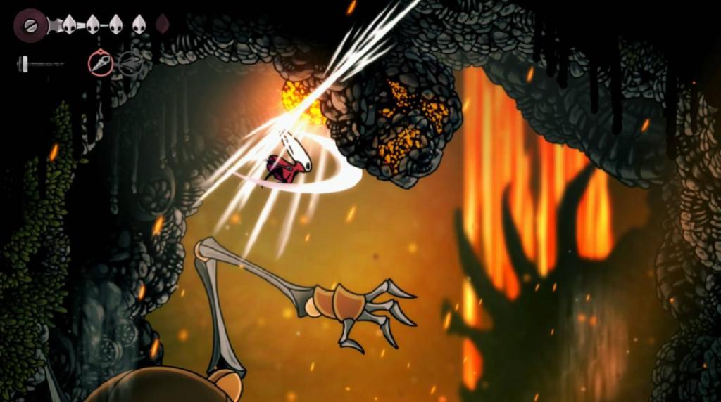 Hollow Knight: Silksong - Hornet ataca uma rocha de lava, fazendo com que cair no quarto coro do coro