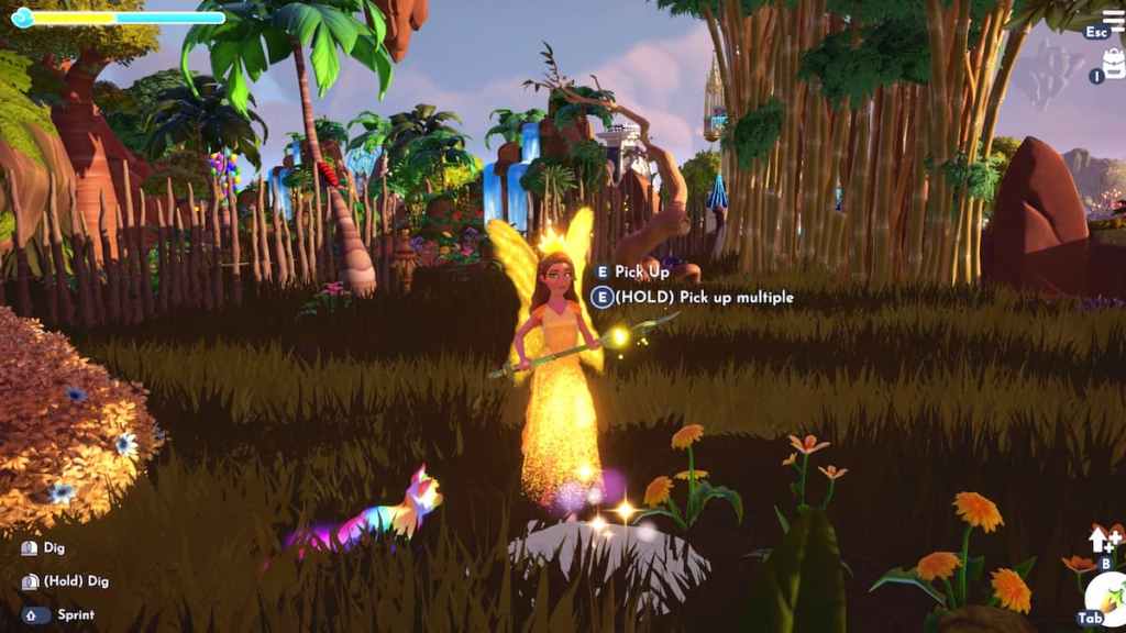 Segurando uma pá e de pé por um ponto de escavação brilhante no Disney Dreamlight Valley
