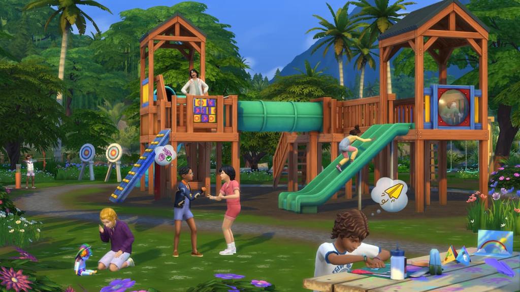 Playground personalizado com crianças brincando em torno dele no Sims 4