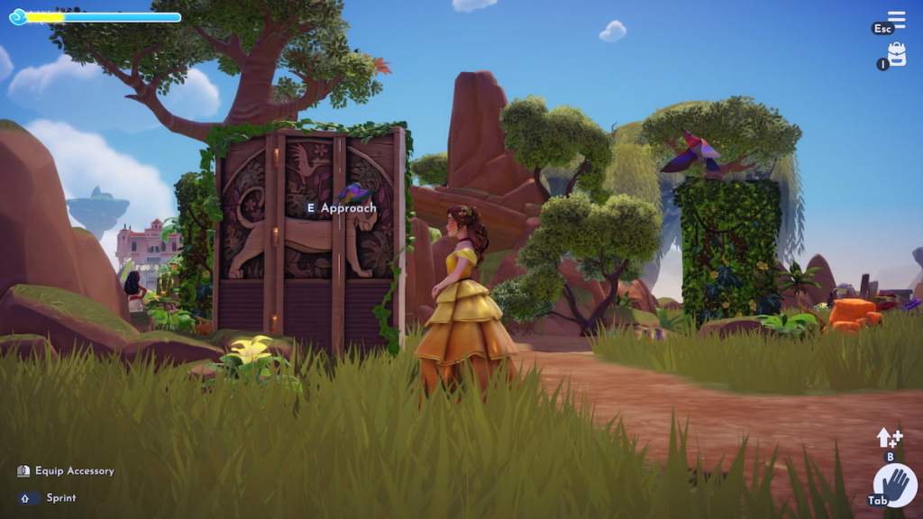 Jogador em vestido de bola amarelo olhando para duas armas de sol voadoras no Disney Dreamlight Valley