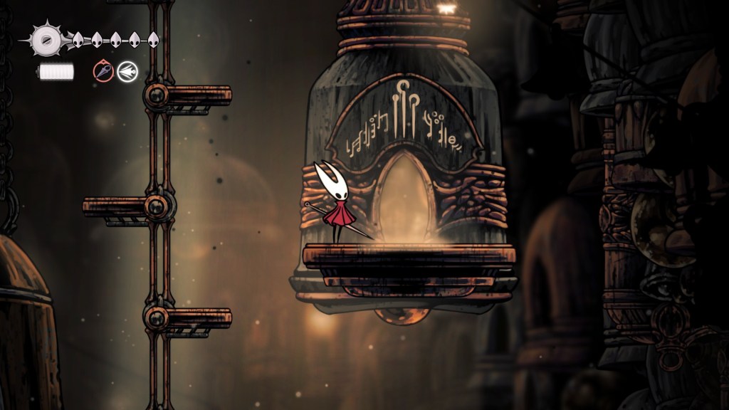 Hornet de pé ao lado da cabana de Pinmaster Plinney em Hollow Knight: Silksong