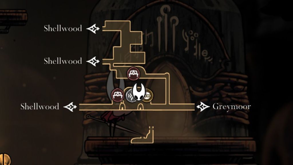 O mapa de Silksong mostra Belhart com o ícone de Hornet, onde está Pinmaster Plinney.