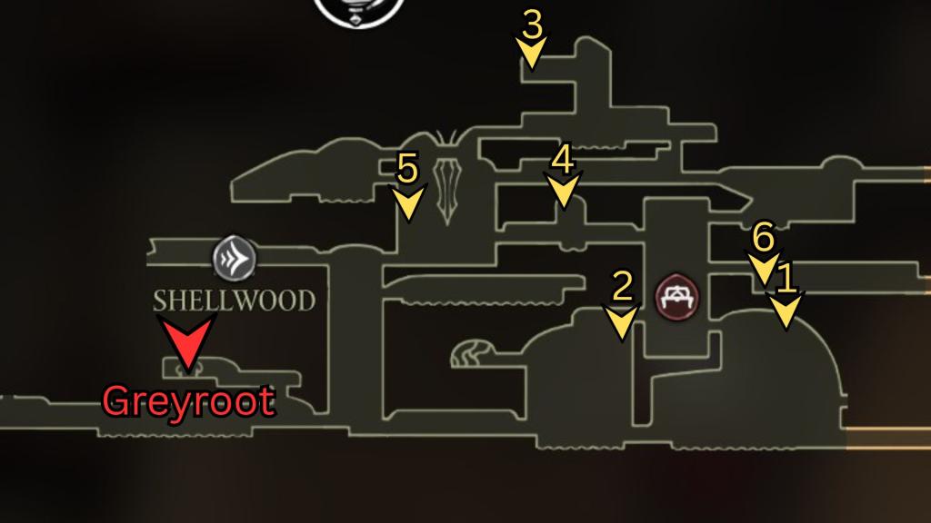 Uma captura de tela de mapa da área de Shellwood em Silksong com locais para todas as enfermias marcadas.