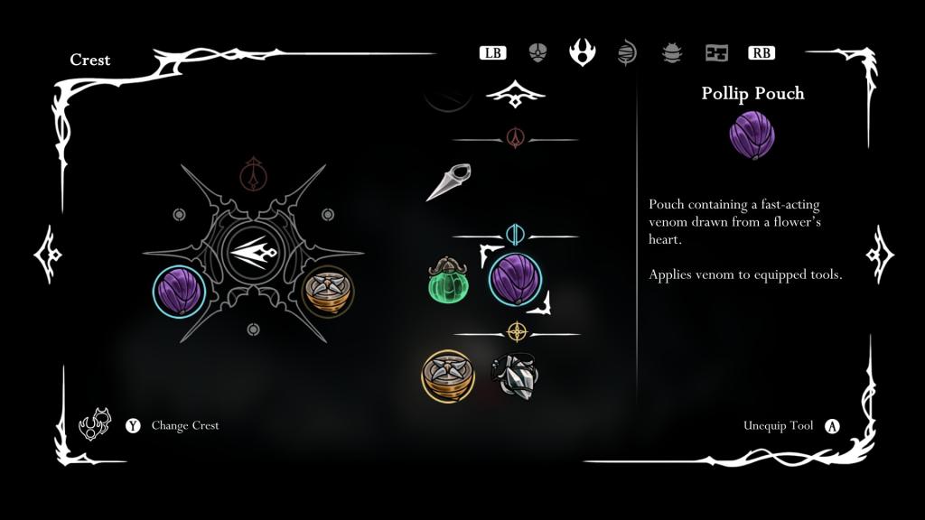 Uma captura de tela do charme da bolsa da Pollip no inventário de Silksong.