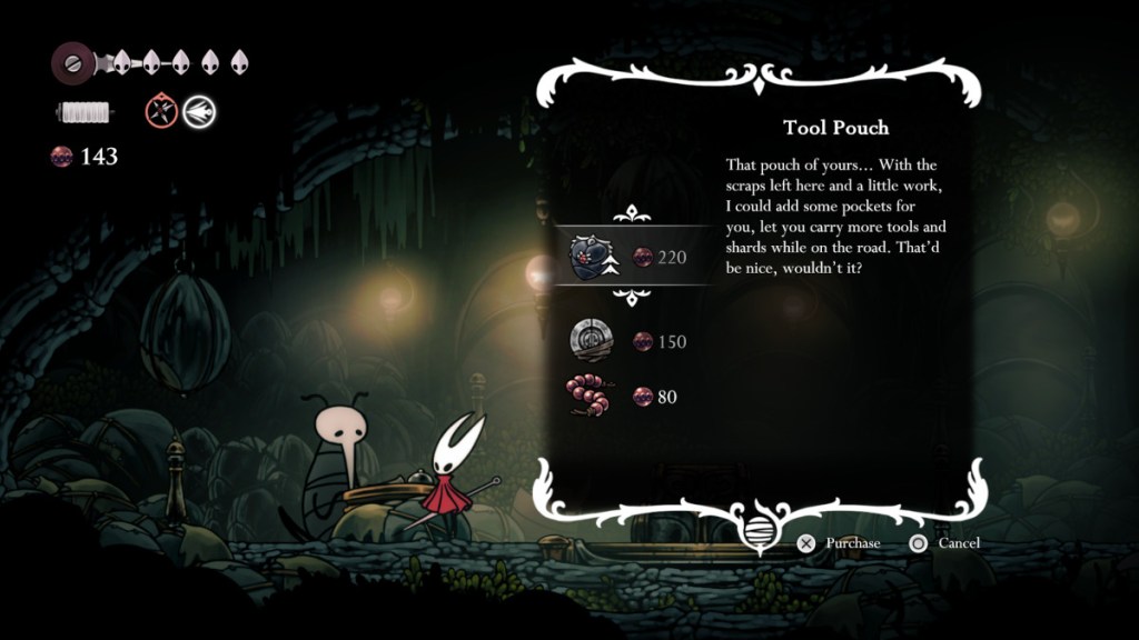 Cavaleiro Hollow: Silksong: Comprando a ferramenta Puch de Mort.