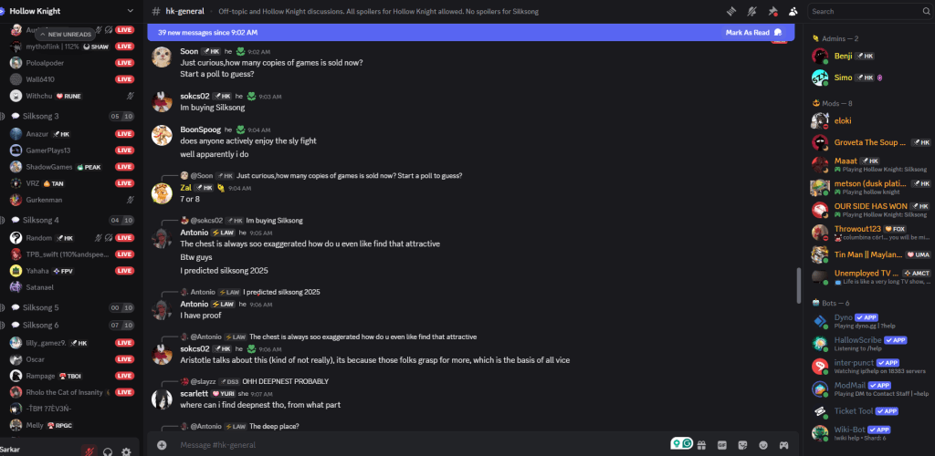 Canais oficiais do servidor Hollow Knight Discord