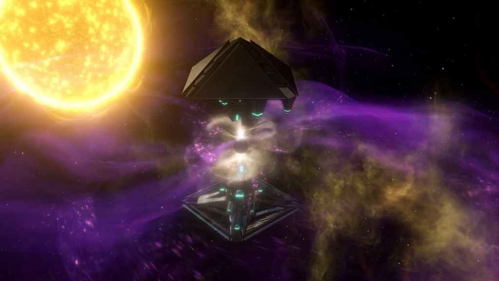Uma megaestrutura construída em torno de uma estranha anomalia cósmica em Stellaris. 